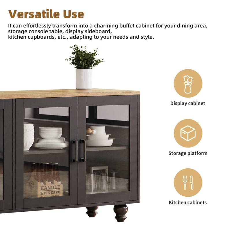 Black + Dark Walnut 63" Farmhouse TV Stand with Tempered Glass Doors for TVs Up to 70"