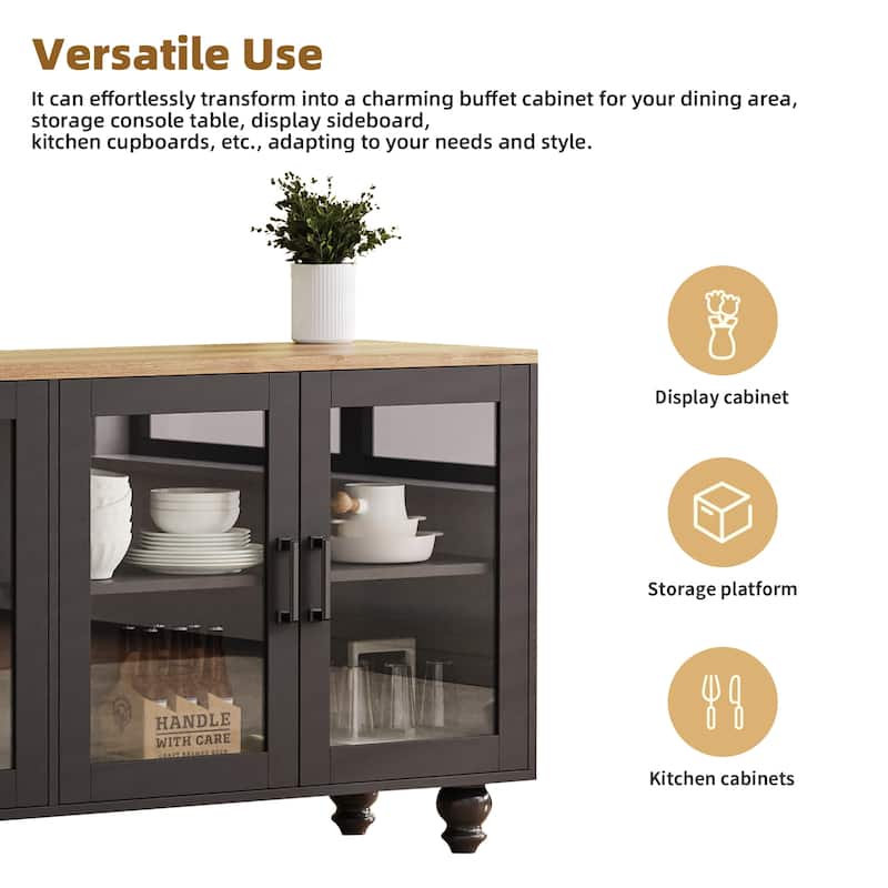 Farmhouse TV Stand with Solid Wood Legs for TVs Up to 70", Large Media Console Table with Bookshelves & Glass Doors
