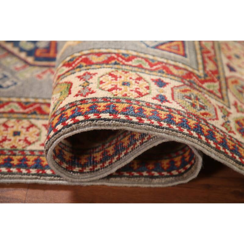 Geometric Kazak Oriental Accent Rug Handmade Grey Wool Carpet - 2'8" x 4'2"