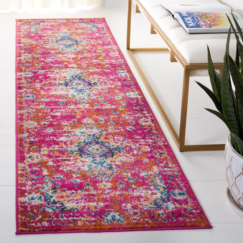 SAFAVIEH, Madison Jovita Vintage Boho Oriental Medallion Rug - 2'3" x 14' Runner - Fuchsia/Gold