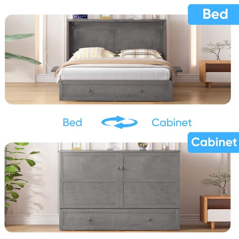 Mixoy Murphy Bed with Mattress,Cube Foldable Cabinet Bed with Charging Station