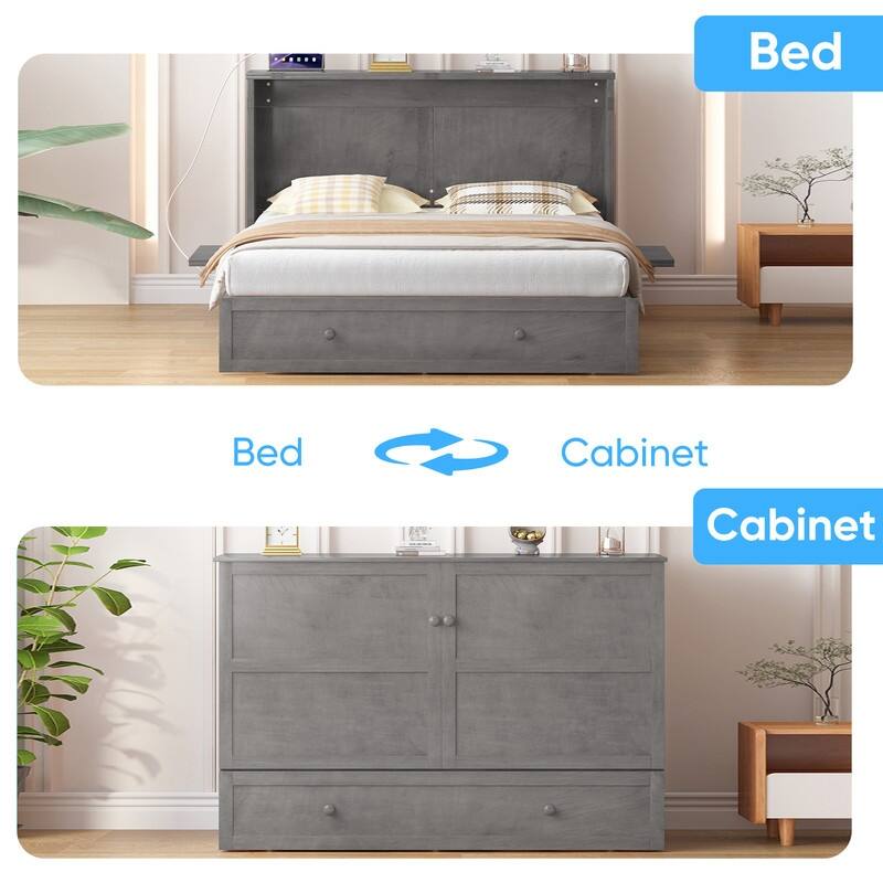 Mixoy Queen Murphy Bed Chest with Charging Station and Storage Drawer,No Mattress