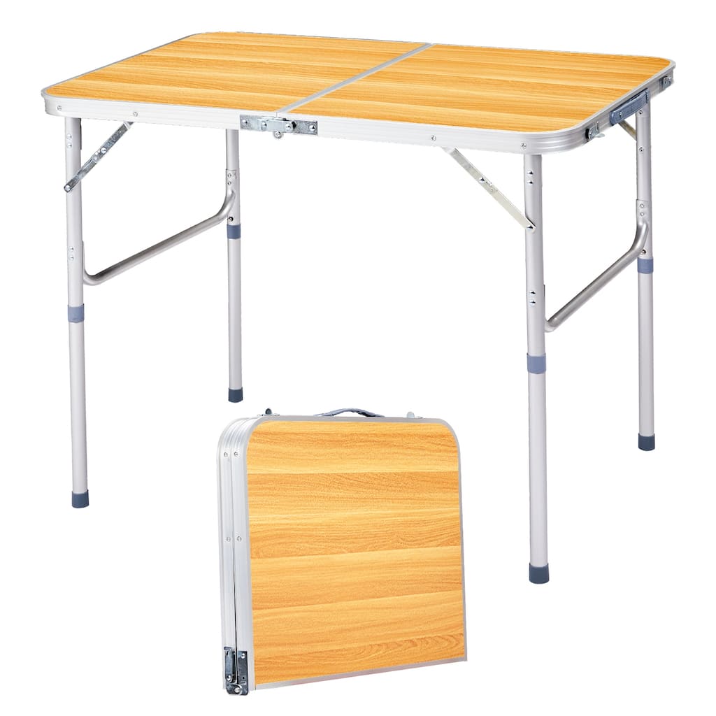 Portable Folding Table with Aluminum Frame and Wood Grain Top
