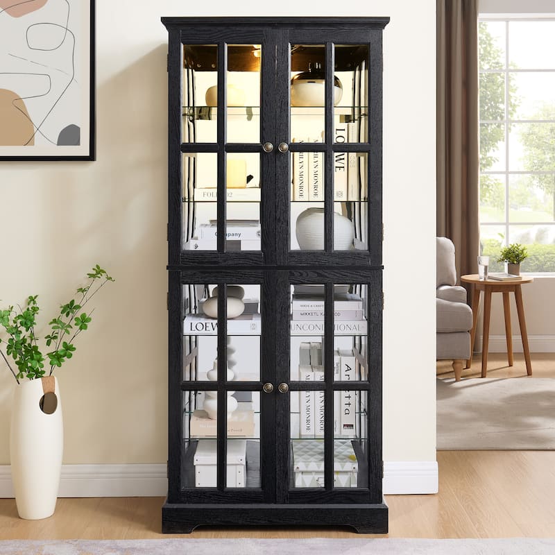 Curio Display Cabinet, Antique Display Cabinet with Glass Doors Adjustable Shelves Four Door Design Vintage Showcase