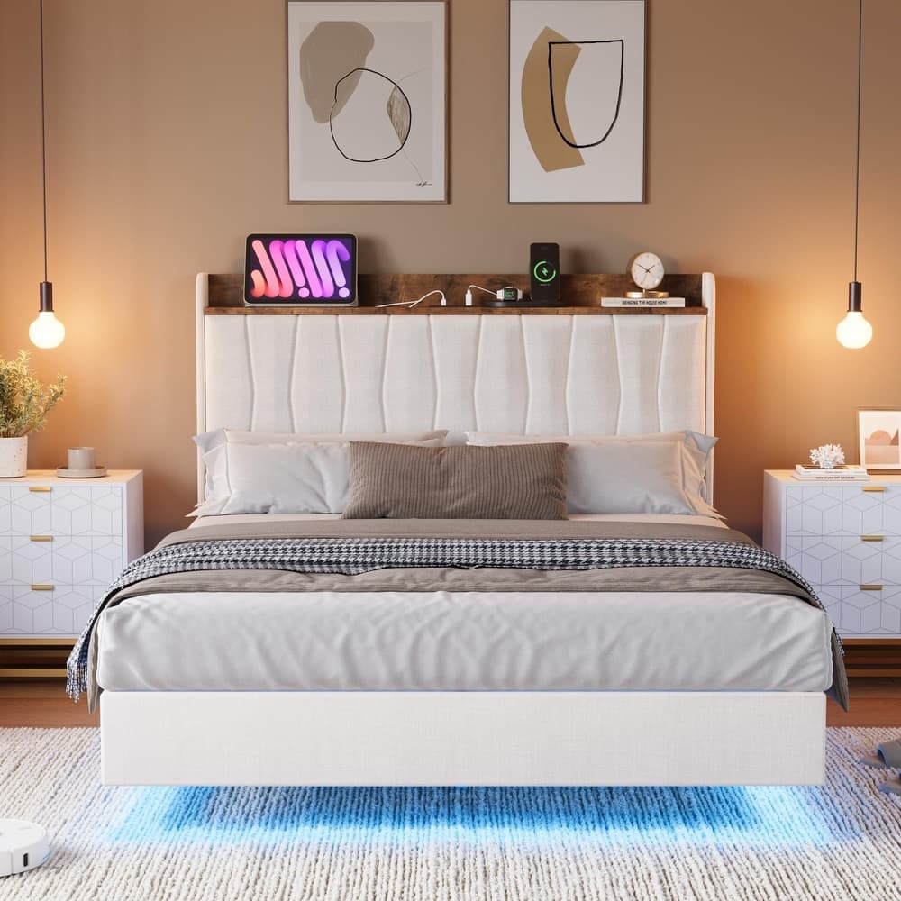 Floating Bed Frame, with LED Lights & USB Charging Station, Headboard