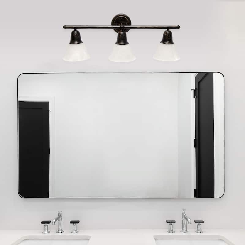 Wall Mounted Three Light Vanity Fixture with Alabaster Glass Bell Shade - 26.5" - Oil Rubbed Bronze and White