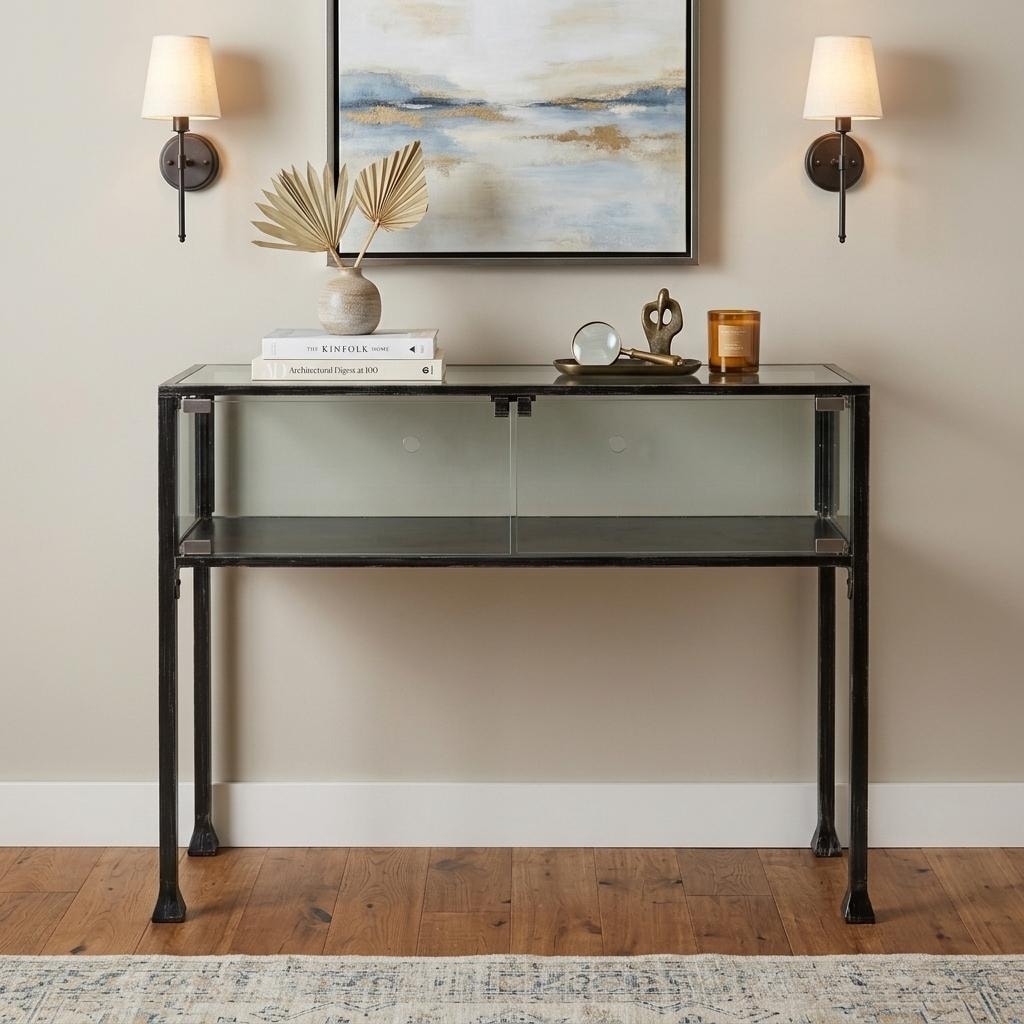 HomeRoots 43" Clear and Black Glass Distressed Console Table With Storage - 42.50 in. x 30.00 in. x 15.25 in.