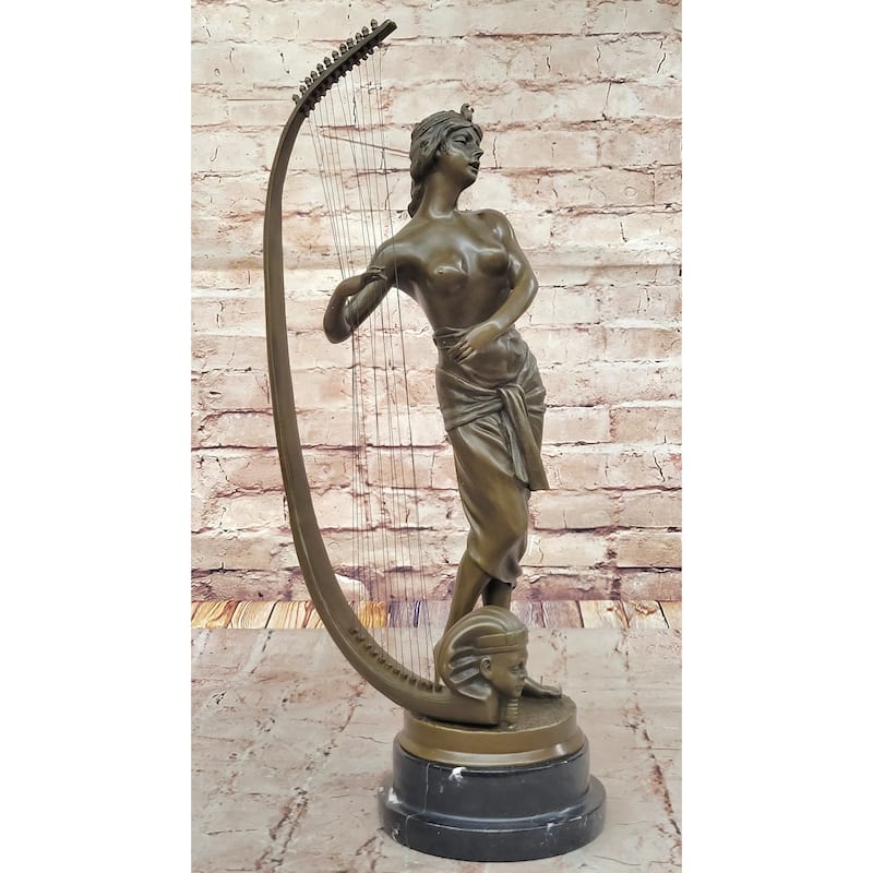 Coudray “Egyptian Harp Player” – Ornate Bronze Sculpture On Marble Base