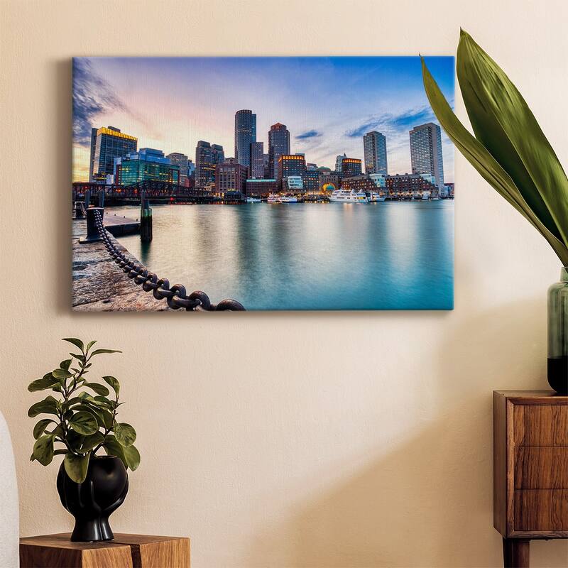 Boston Skyline with Financial District and Boston Harbor at Sunset Premium Gallery Wrapped Canvas - Ready to Hang