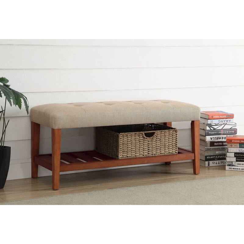 Charla Beige Fabric & Oak Finish Bench