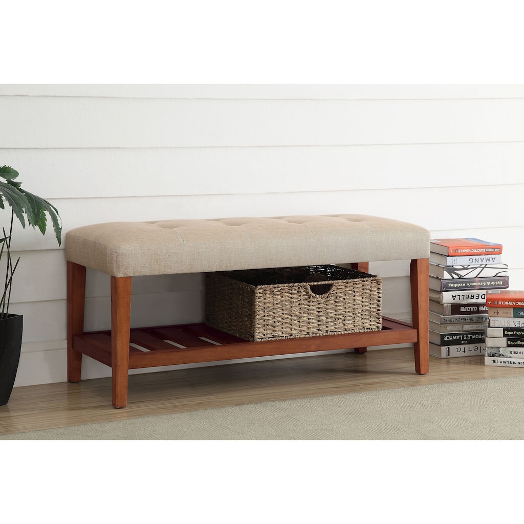 Charla Beige Fabric & Oak Finish Bench
