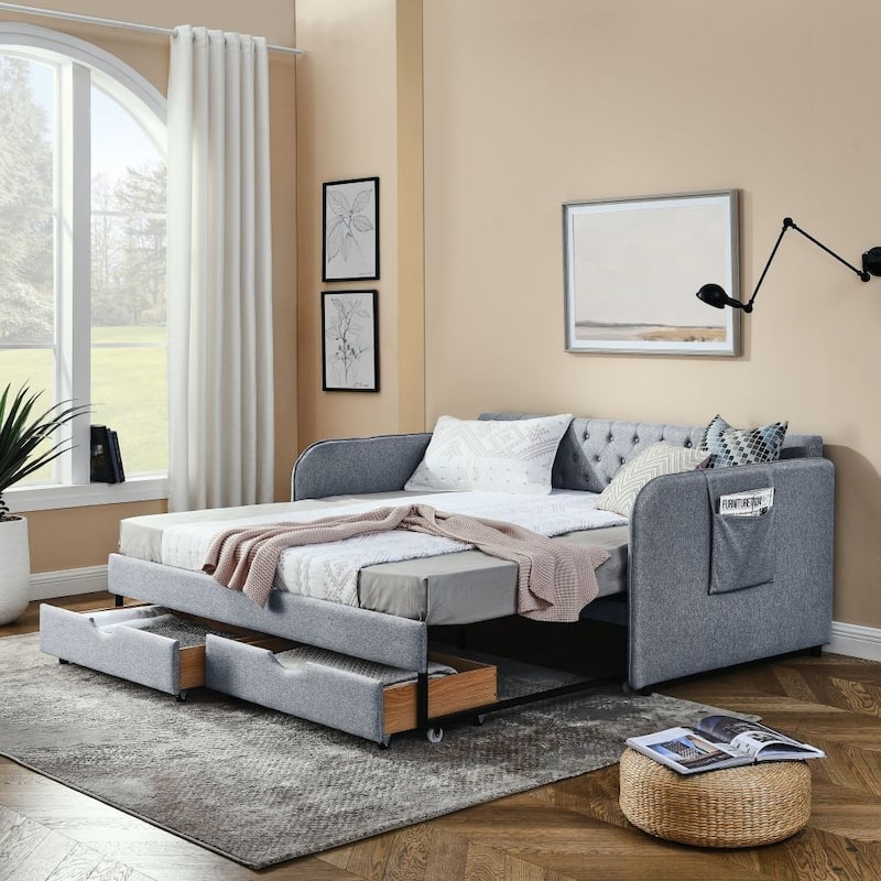 Twin Size Upholstery Daybed with Trundle Bed and Two Storage Drawers , Flat Arms with Pocket, Extendable Daybed