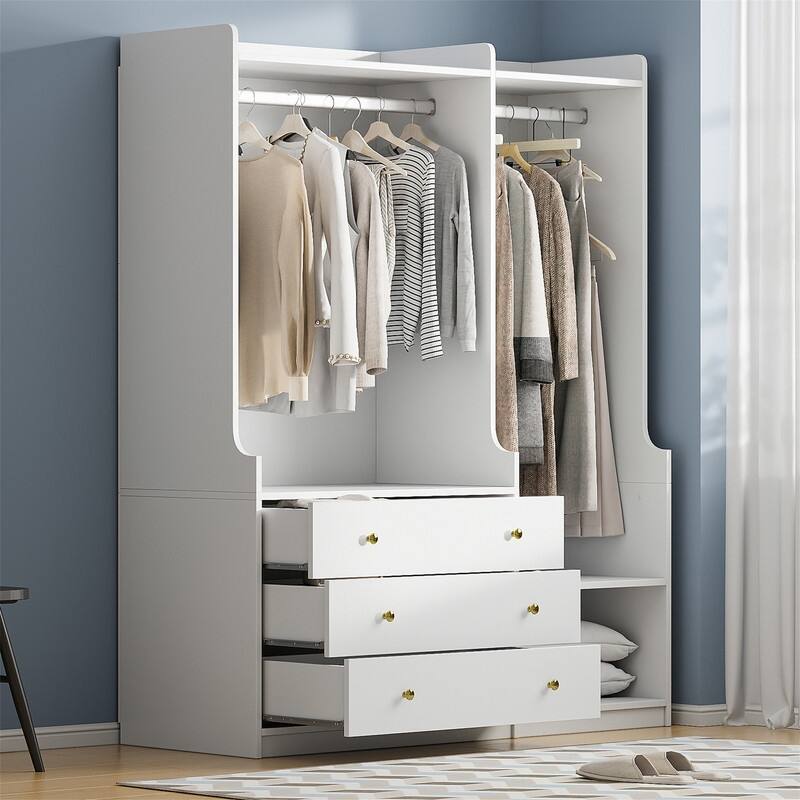 Open Style Wardrobe Closet with 3 Large Storage Drawers and Hanging Rods, Modern Armoire Clothing Organizer with Storage Shelves