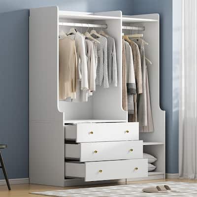 Open Wardrobe with Hanging Rods and Storage Shelves, Modern Closet Armoire Clothes Organizer with 3 Storage Drawers
