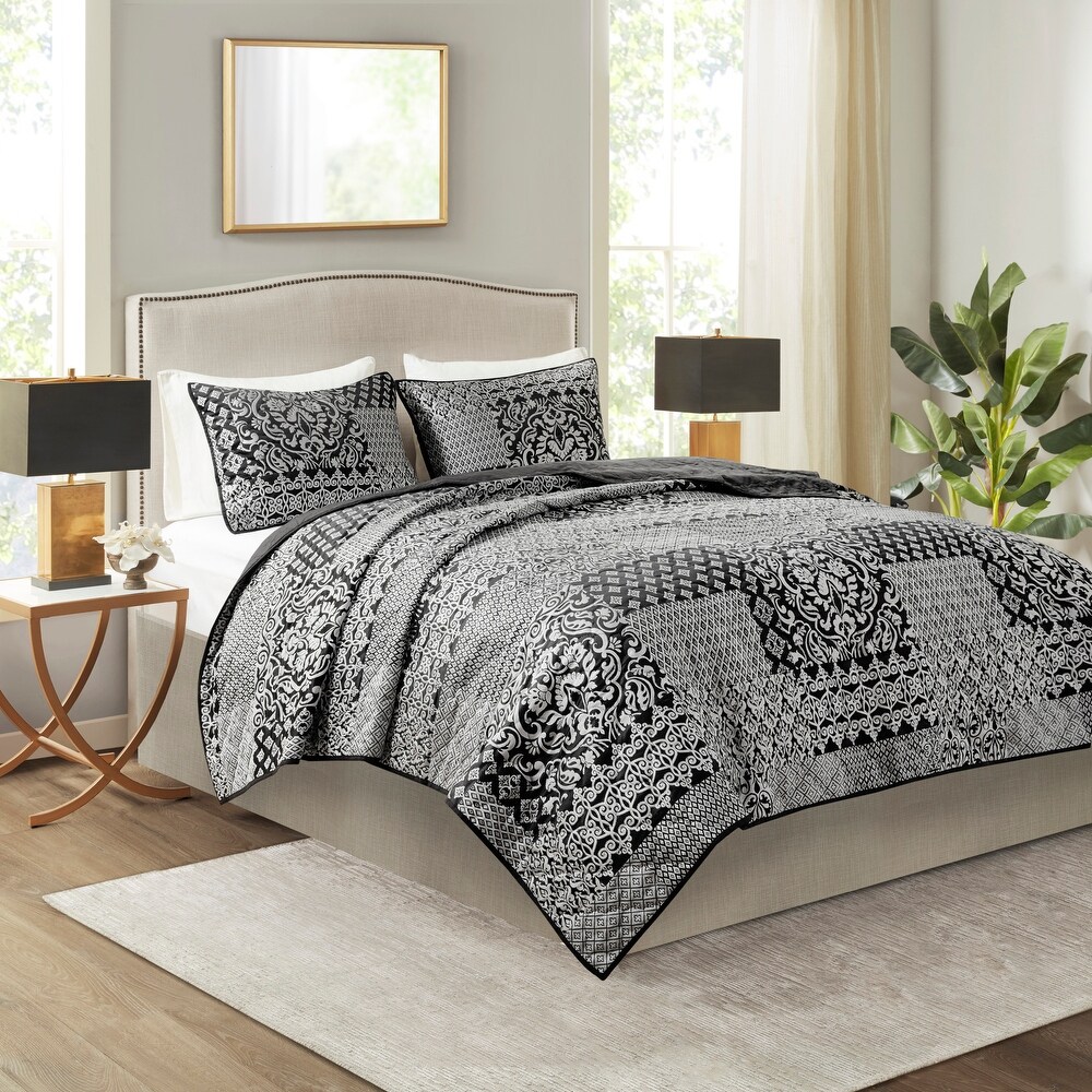 Jacquard 3 Piece Quilted Bedspread Double King With Eyelet Lined Curtains Panel 