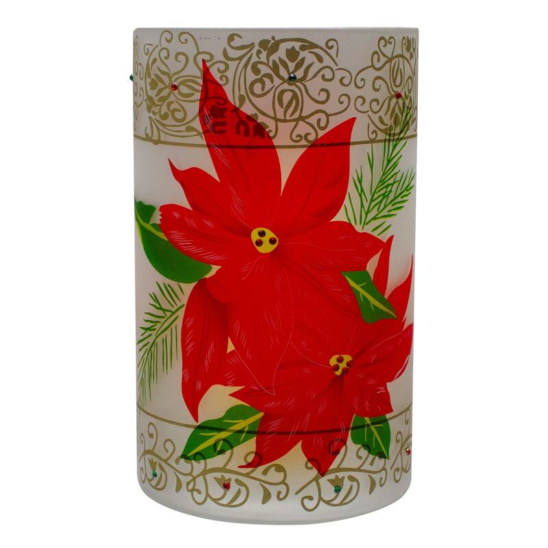 10" Red Poinsettias Gold Flameless Glass Christmas Candle Holder