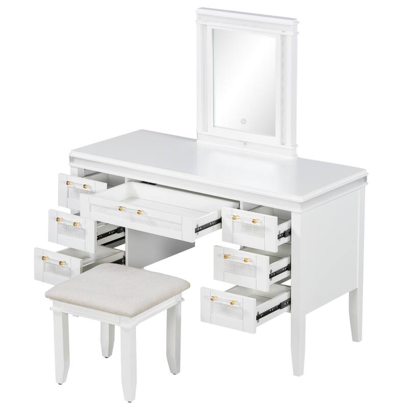 48" Dresser with Mirror, LED Light Strips, 7 Drawers and Stool
