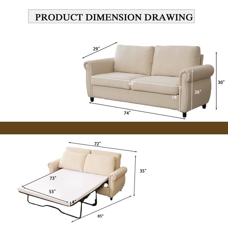 Pull Out Couch with Mattress, Sleeper Sofa Daybed, Upholstery Sectional Loveseat Convertible Sofa Bed