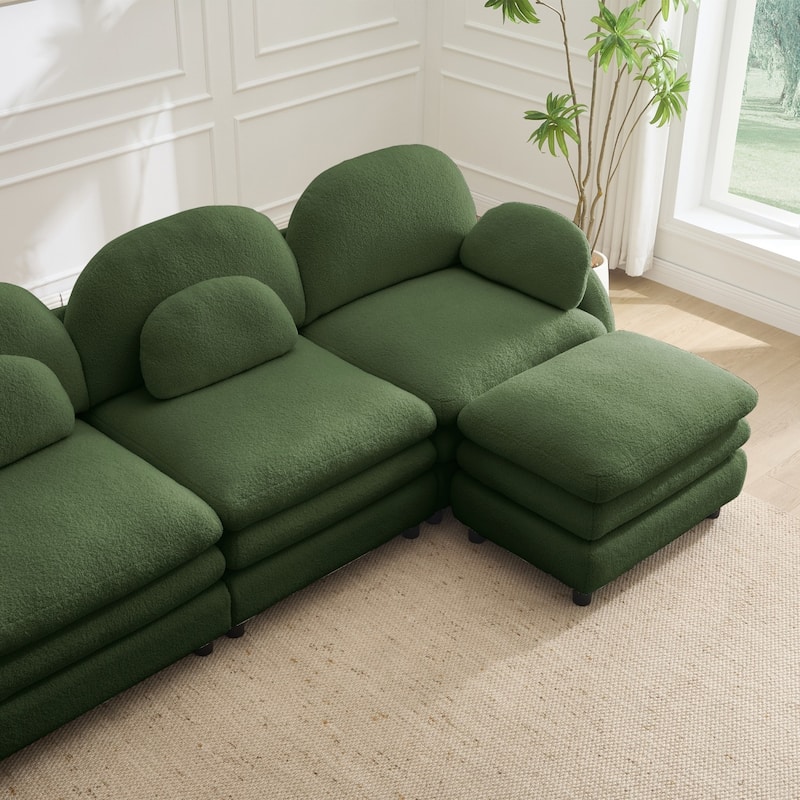 98.2" Teddy Fabric Sectional Sofa with Curved Pillows and Ottoman