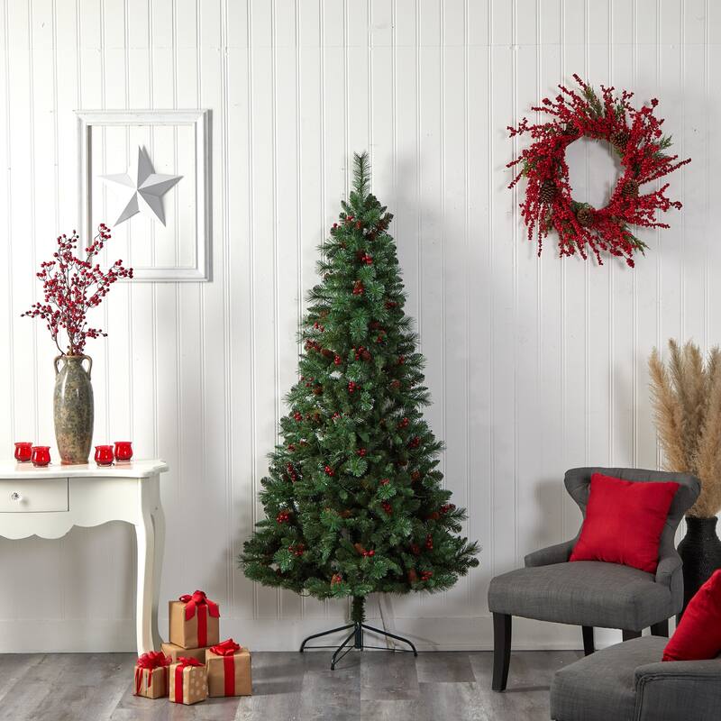 7Ft Artificial Christmas Tree with Warm White Lights & Pinecone Accents - Green - 84