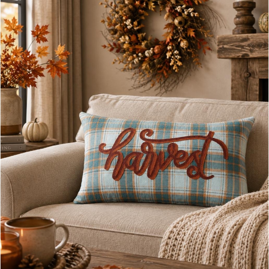 HomeRoots 14" X 26" Blue And Orange Harvest Plaid Wool Blend Lumbar Throw Pillow with Embroidery