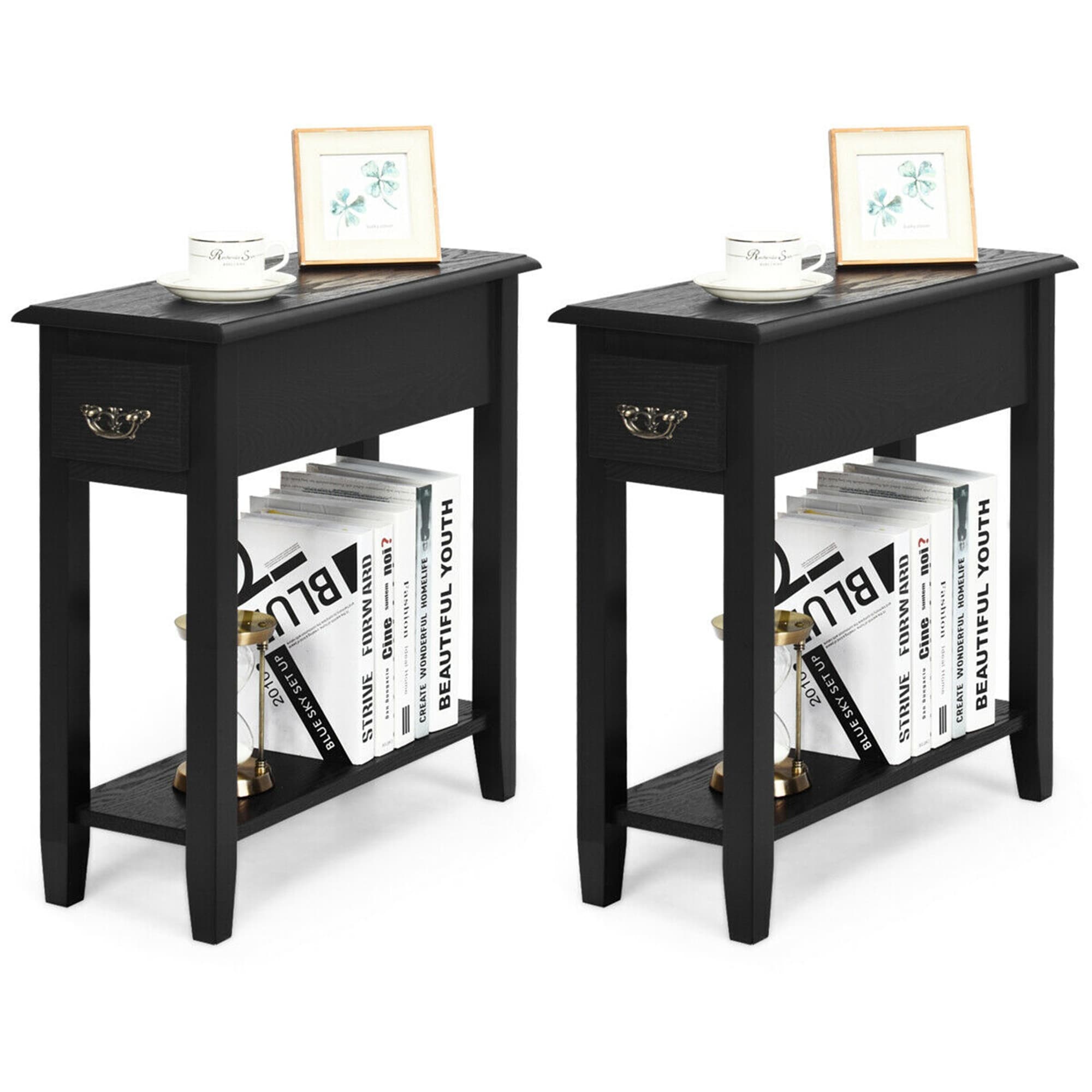 Gymax Set of 2 Nightstand 2 Tier End Bedside Sofa Side Table w/Drawer - See Details