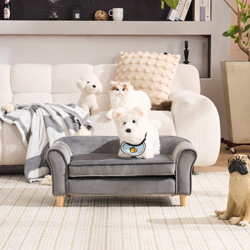 20.67" x 12" x 2.76" Pet Sofa Bed, Grey Velvet Cat Bed and Small Dog Couch with Rubberwood Legs