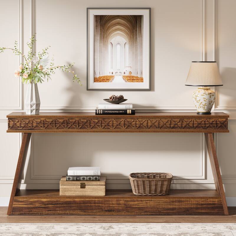 70.8-Inch Extra Long Console Table with Storage Shelf, 2-Tier Farmhouse Entryway Table - 70.87" L x 11.81" W x 31.5" H