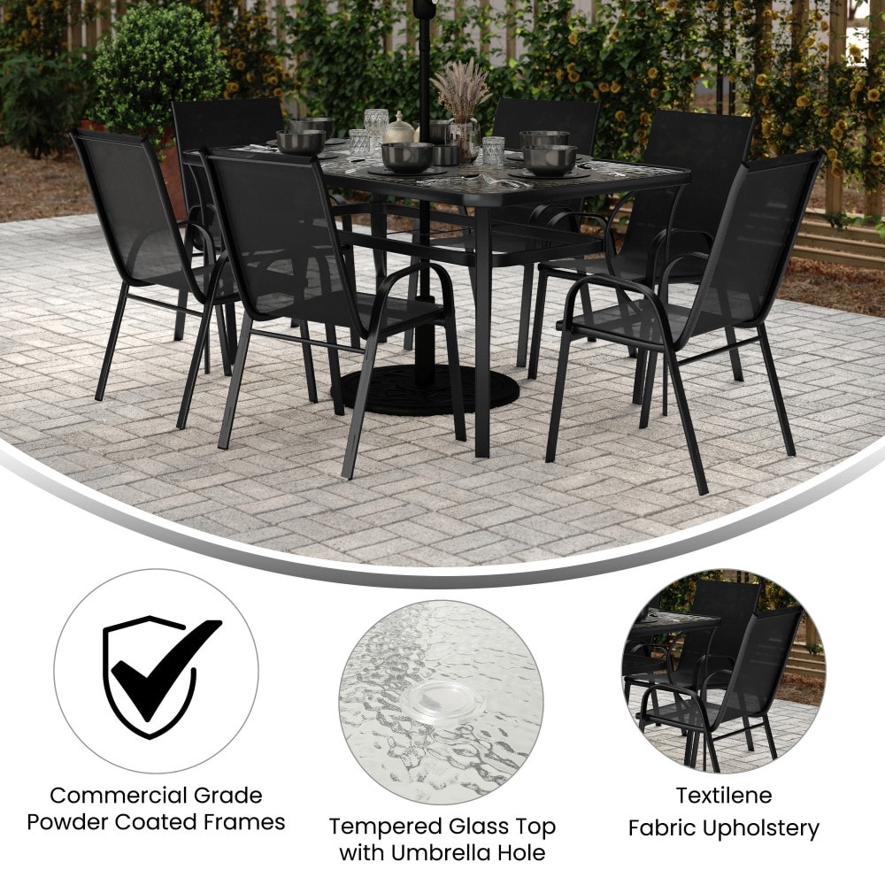 7 pc metal glass top patio table set with umbrella Flash Furniture Tory Commercial Grade Tempered with Hole and Steel Tube Frame, Clear Top/Black Frame Present your guests with a welcoming environment at your backyard or business with this commercial grade seven Lila 7 Piece Patio Dining