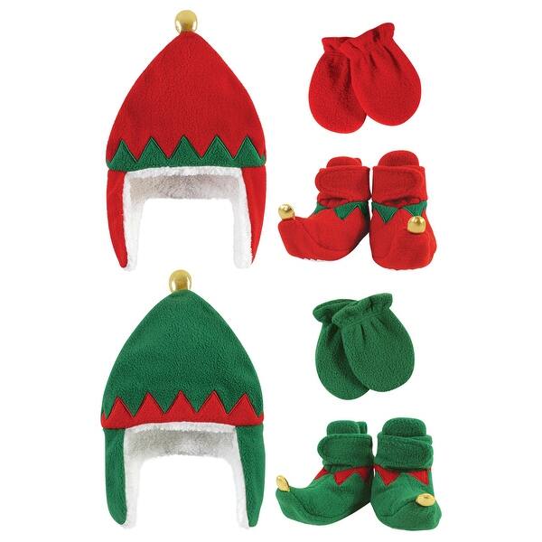 slide 1 of 1, Hudson Baby 6Pc Trapper Hat, Mitten and Bootie Set, Red Elf Green Elf 12-18 Months - Red Elf Green Elf