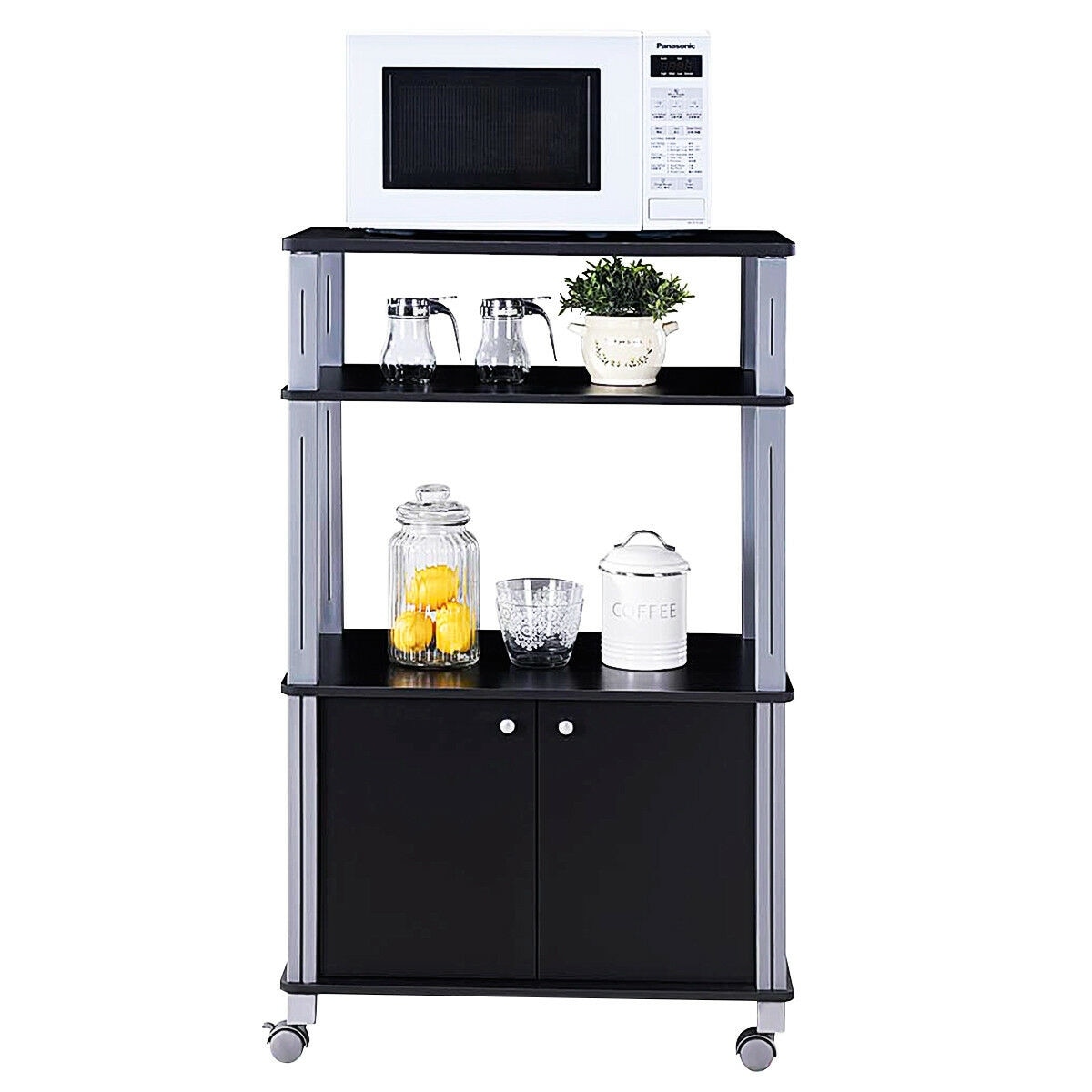 Gymax Bakers Rack Microwave Stand Rolling Storage Cart Multi-Functional Display
