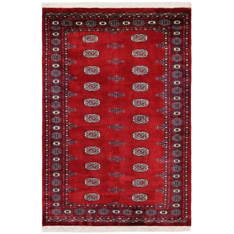 Southwestern Bokhara Conner Red Blue Hand Knotted Rug - 4'1'' x 6'0''