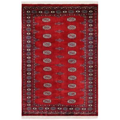 Southwestern Bokhara Conner Red Blue Hand Knotted Rug - 4'1'' x 6'0''