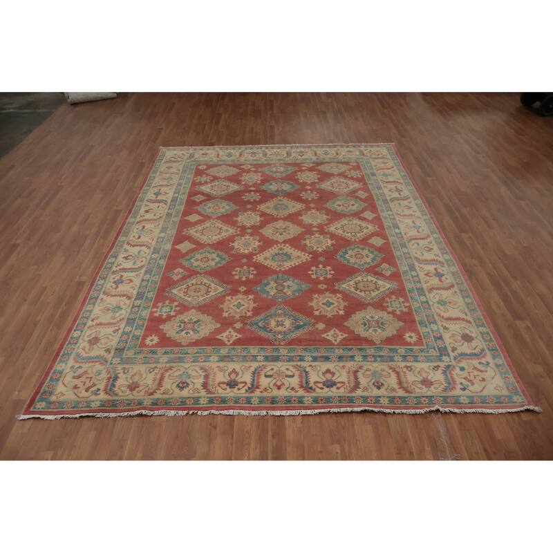 Hand Knotted Oriental 100% Wool Carpet Traditional Geometric Pink Kazak Area Rug - 11' 3'' X 8' 6''