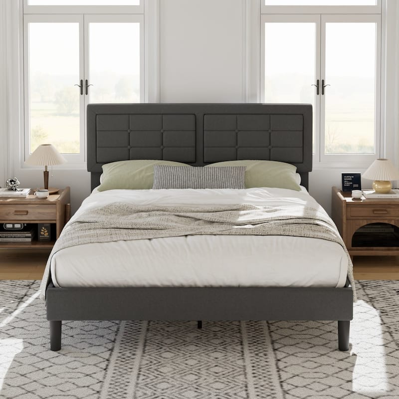 VECELO Bed Frame with Adjustable Headboard Upholstered Button Tufted Platform Bedframe with Wood Slats Support - Grey - Full