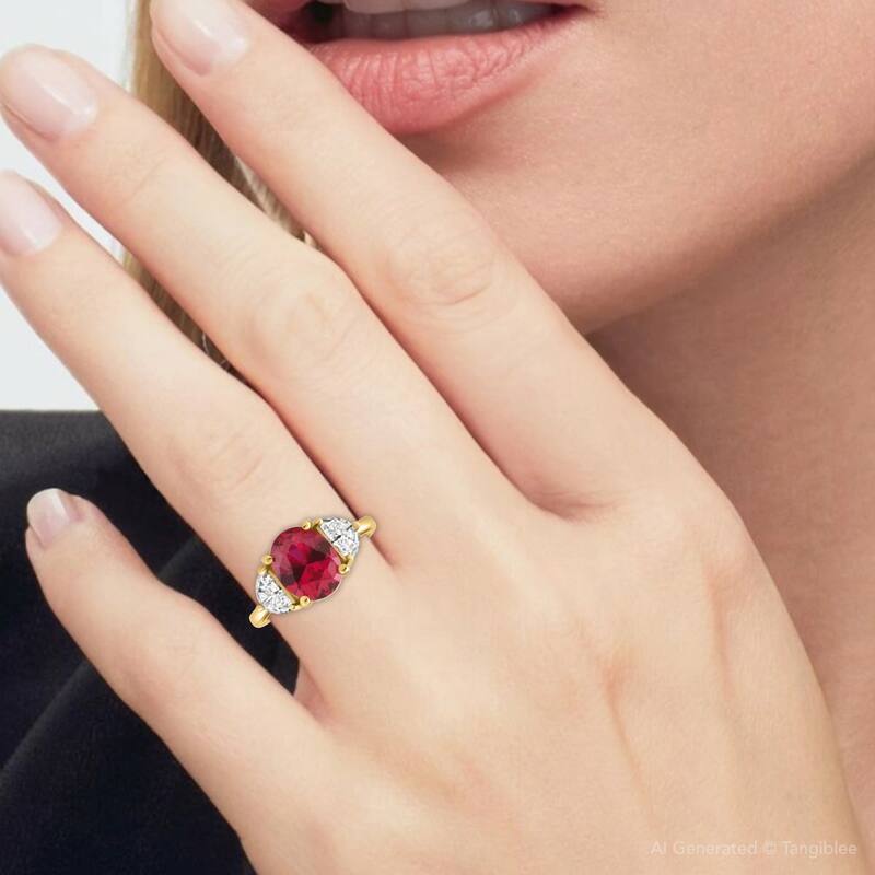 Oval Ruby & Half Moon Diamond Ring Yellow Gold Lab Grown