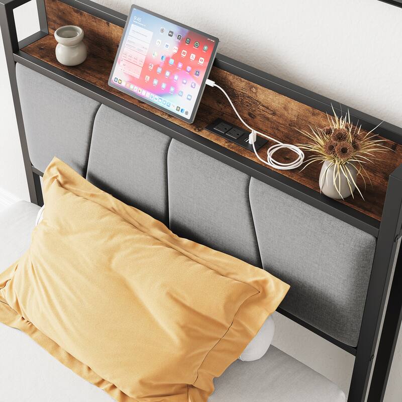 Twin Size Bed Frame with Storage Headboard and Charging Station, Metal & Wood, No Box Spring Needed