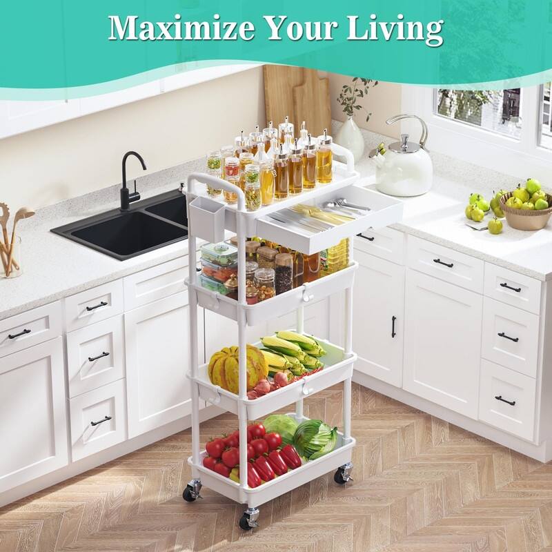 4 Tier Rolling Utility Cart with Drawer - 14.9"D x 10.6"W x 41.7"H