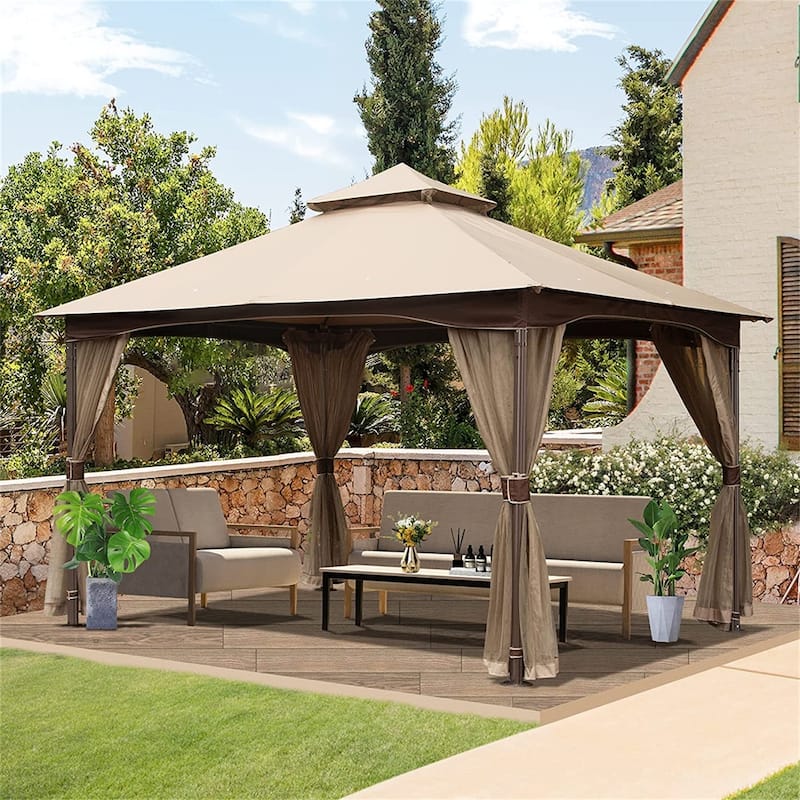 10' x 13' Outdoor Metal Frame Gazebo with Mosquito Netting - Khaki