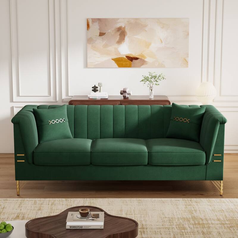 Chesterfield Velvet Button Tufted Sofa, Luxury 3-Seater Couch with 2 Pillows