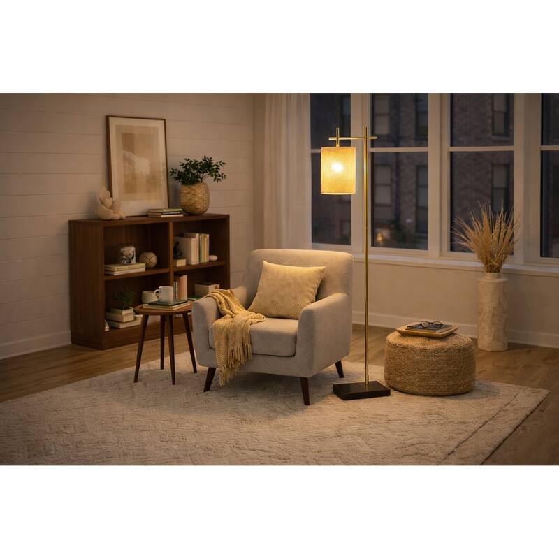 Gattie Brass Floor Lamp with Rattan Shade and Rectangular Base