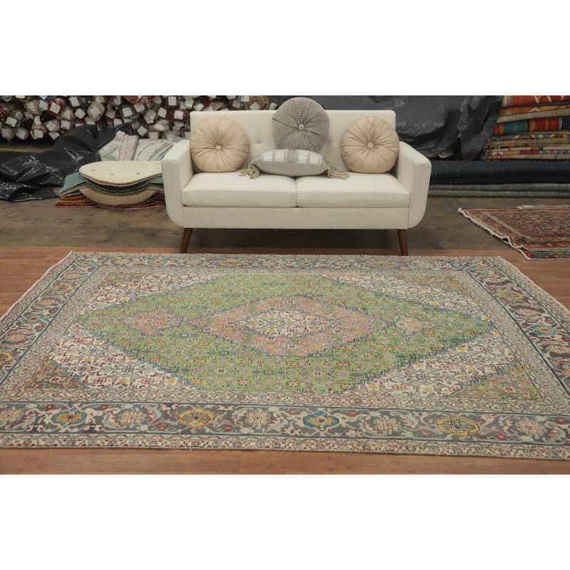 Hand Knotted Oriental 100% Wool Carpet Traditional Medallion Green Tabriz Area Rug - 9' 3'' X 6' 4''