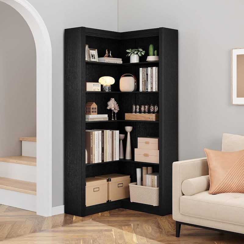 Industrial L Shaped Corner Bookshelf with Open Shelves - N/A - Black