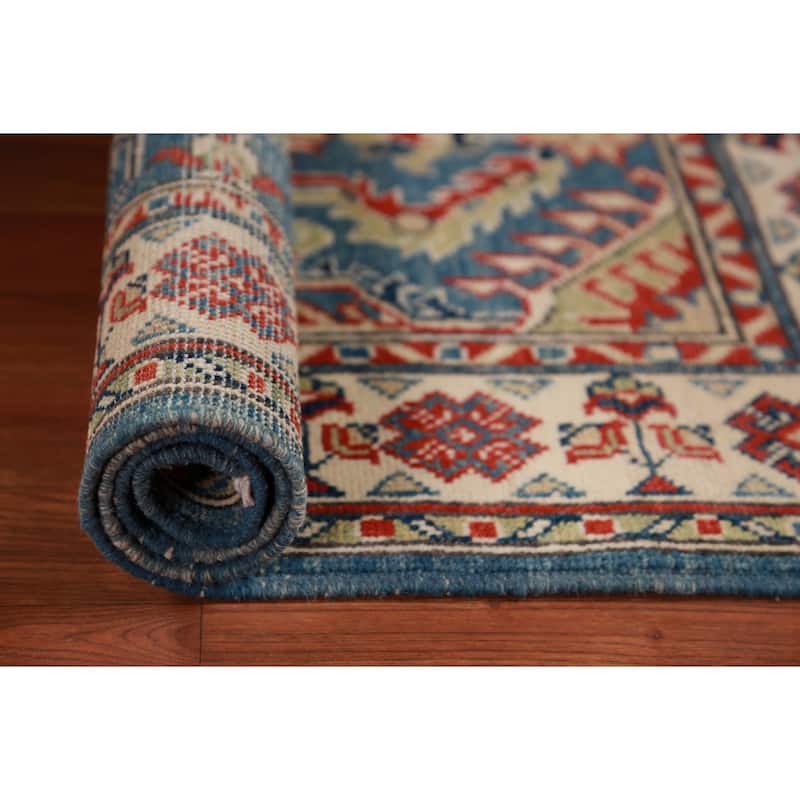 Blue Geometric Kazak Oriental Foyer Rug Handmade Wool Carpet - 2'9"x 4'11"