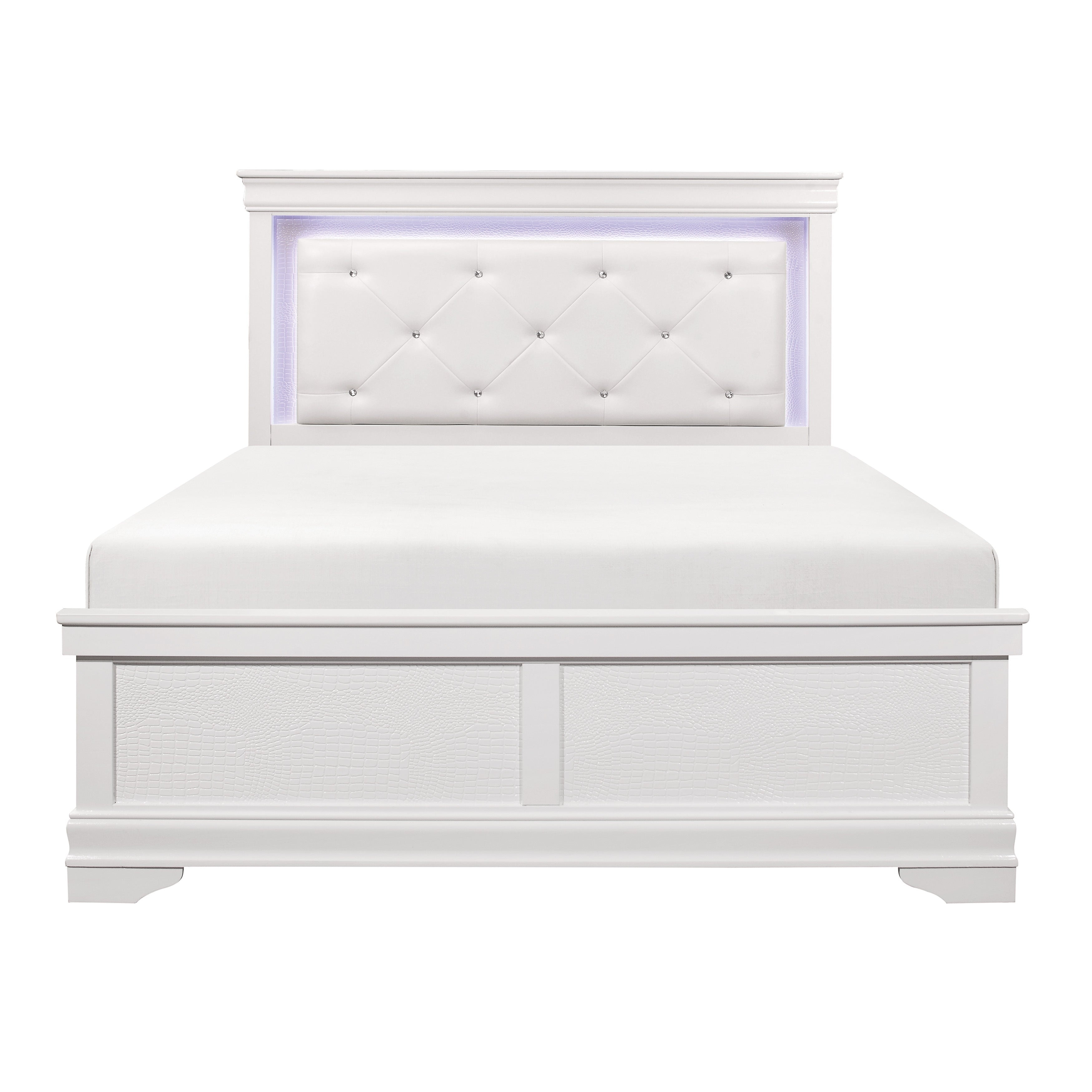 Glam Bedroom Furniture Set White Finish LED Upholstered Bed