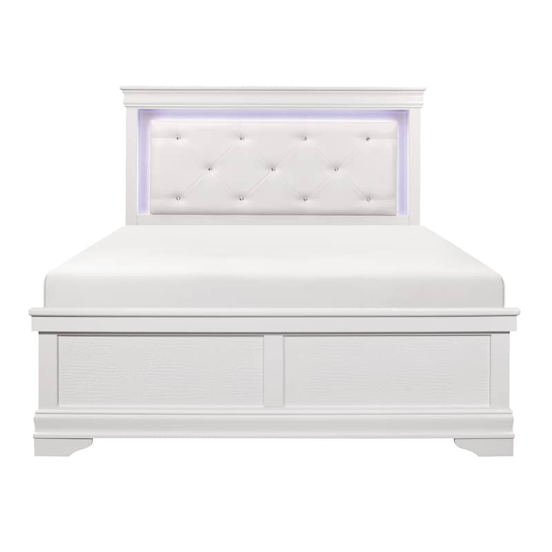 LED Upholstered Bed White Finish Glam Style