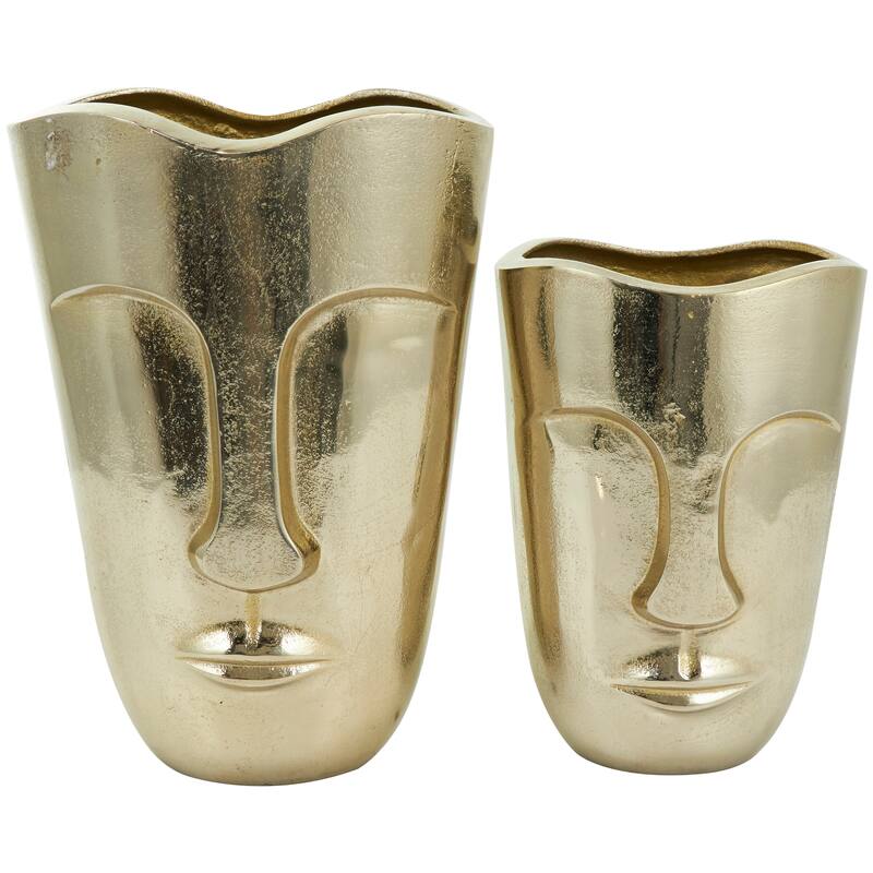 Gold Aluminum Metal Face Decorative Vase with Abstract Details (Set of 2)