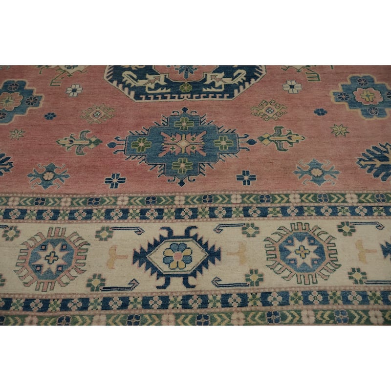 Hand Knotted Oriental 100% Wool Carpet Traditional Geometric Pink Kazak Area Rug - 11' 10'' X 9' 0''