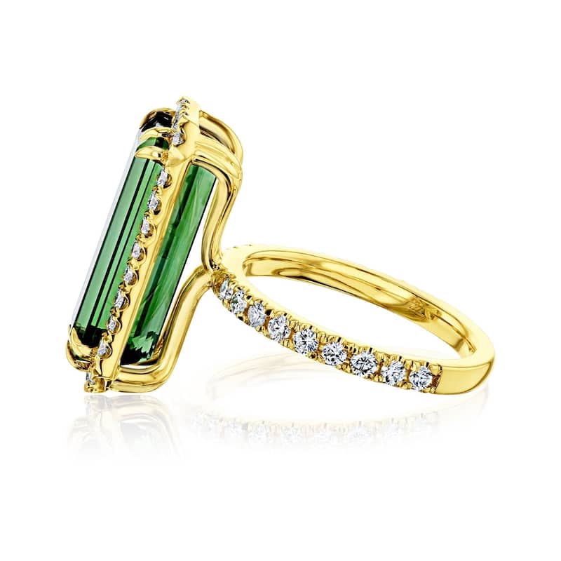 Kobelli 9.22 Carat Tourmaline & White Diamond 14k Solid Gold Extra Elongated Emerald-cut Halo Tall Ring