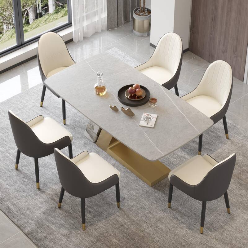 Rectangle Dining Table Faux Marble Tabletop Sintered Stone Panel with Stainless Steel Pedestal - 70.87" - Grey